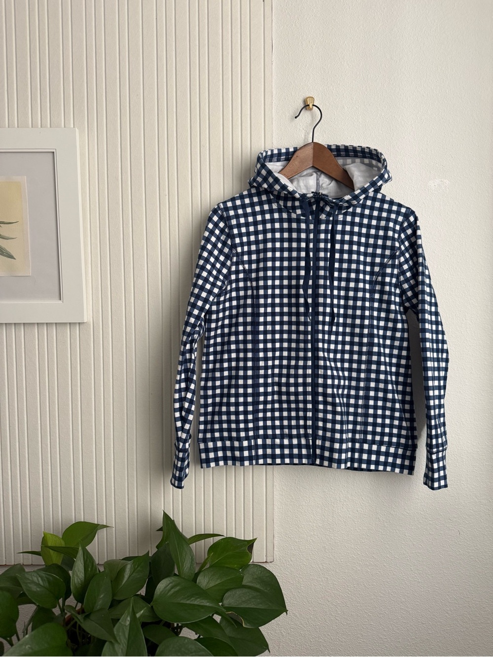 J.Crew Navy Blue and White Gingham Zip Hoodie Sweater